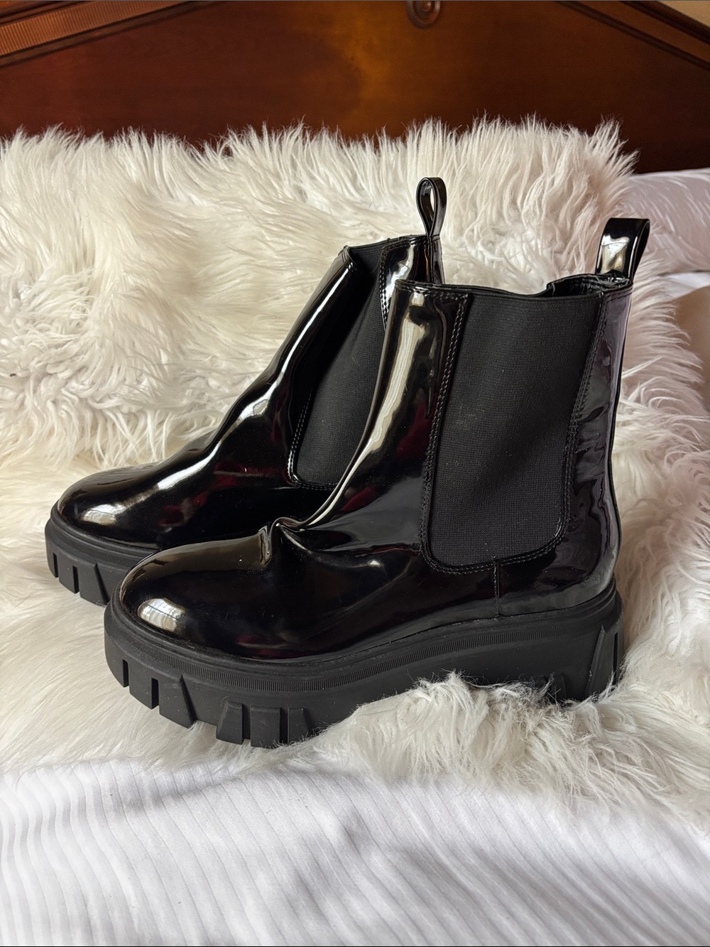 Chinese Laundry Black Patent Chelsea Lug Booties